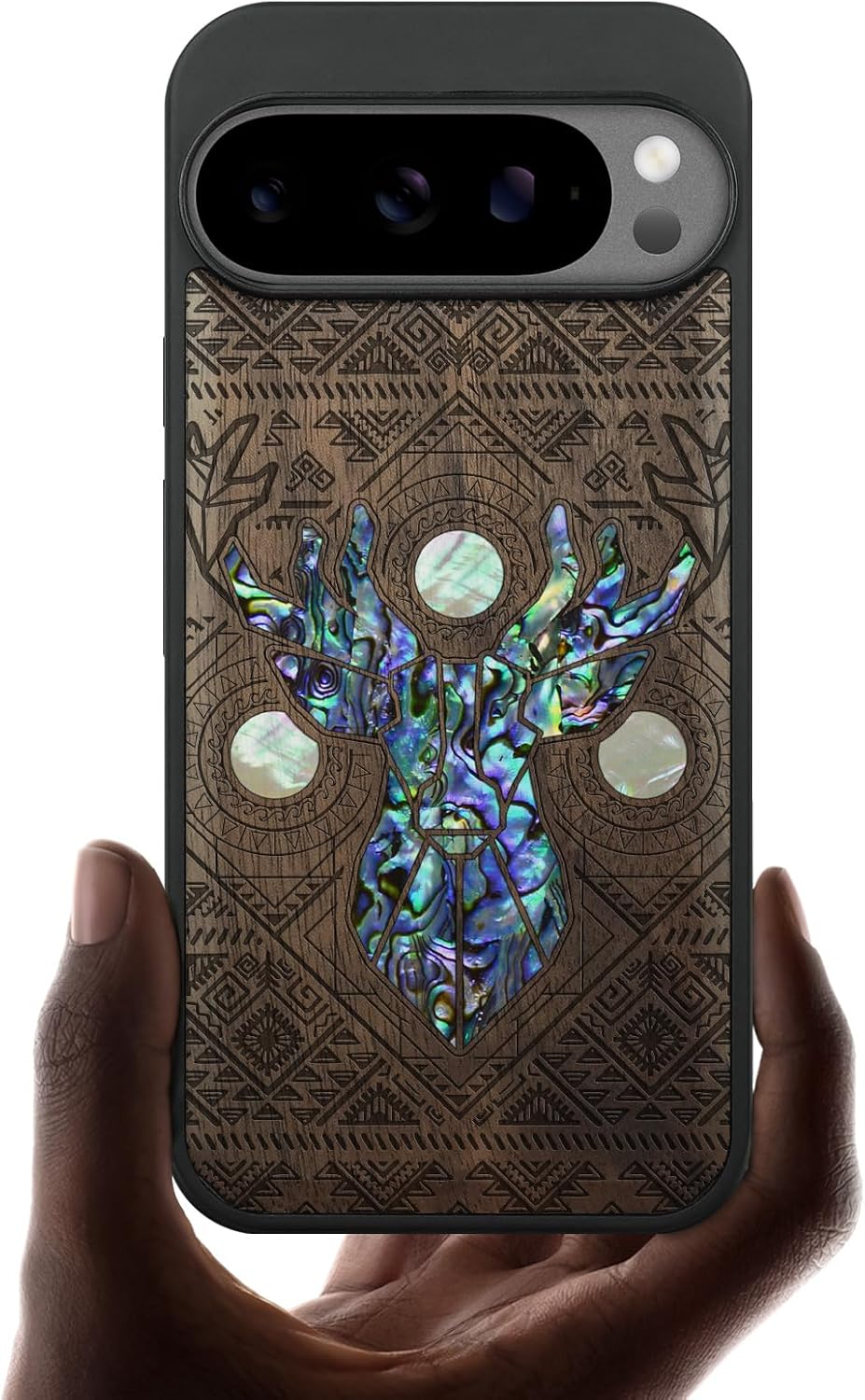 Carveit Magnetic Wooden Case for Google Pixel 10 Pro XL Case, Wood Artisan Engraved & Handmade Shell Inlaid, Compatible with MagSafe Wireless Chargers, Aztec Geometric Deer - Walnut