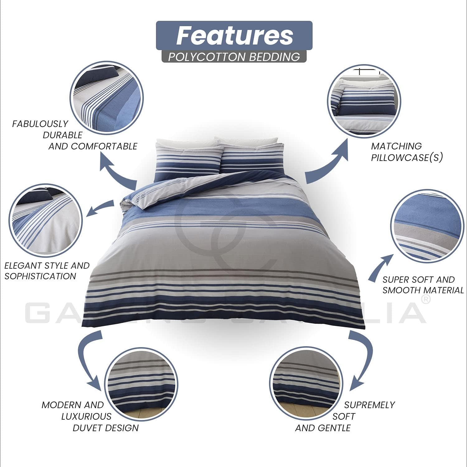 GC GAVENO CAVAILIA Luxury Striped Duvet Cover Double, Polycotton Bedding Sets With Pillowcases, Warm Bed Covers, Blue (685005) - Image 4