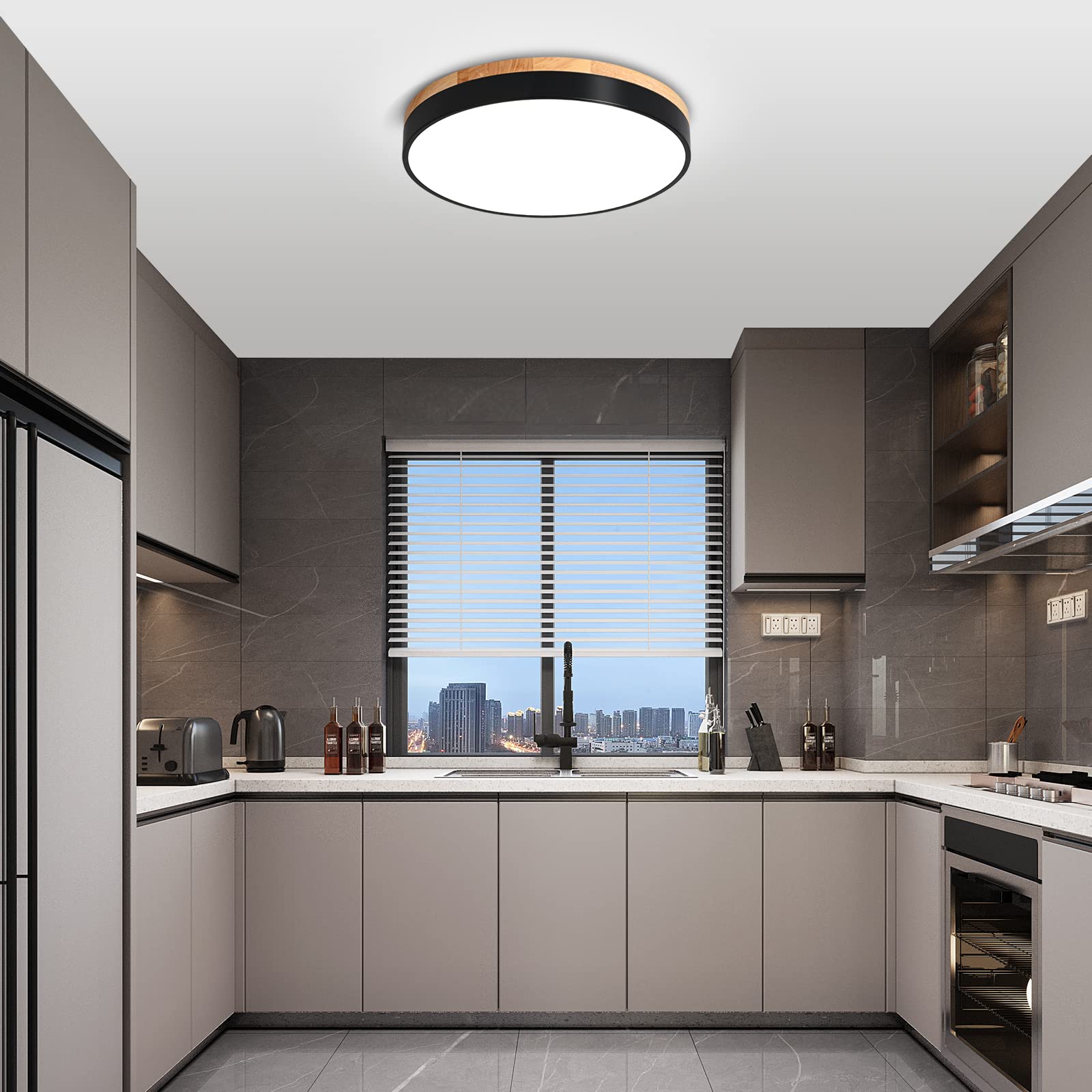 VIOLOEMI Modern LED Flush Mount Ceiling Light Black Round Bedroom Ceiling Light Fixture Non-Dimmable Oak Wood Close to Ceiling lamp Suitable for Kitchen Hallway Bathroom Dining Room(11.8)