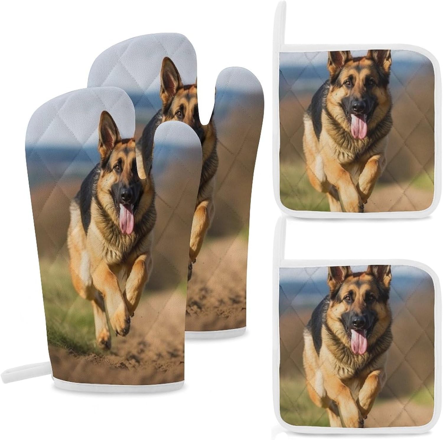 4-Piece Oven Mitts and Pot Holders Set Running German Shepherd Dog Printed Heat-Resistant Polyester Kitchen Gloves and Potholders Comfortable & Durable for Cooking Baking and Grilling
