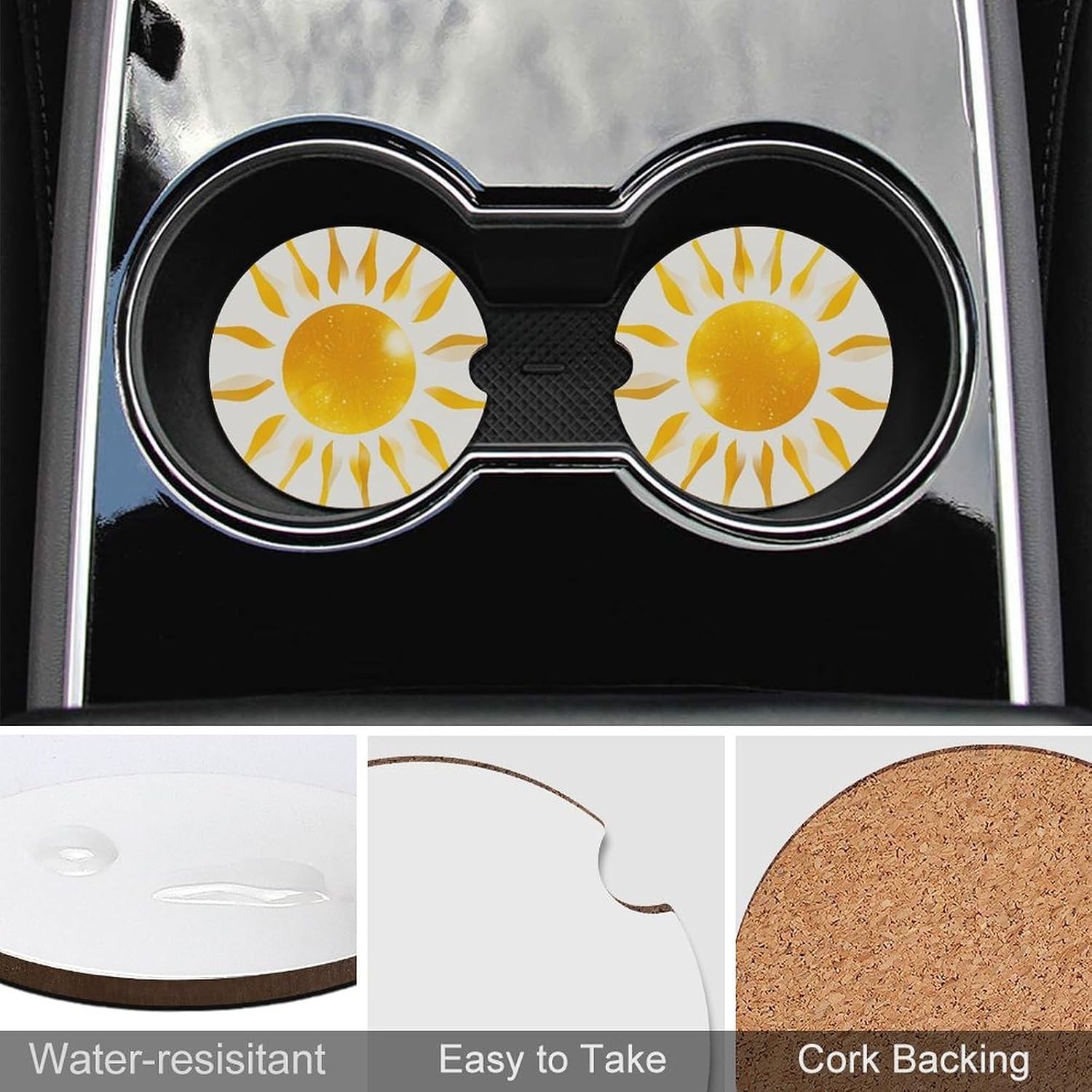 Abstract Art Golden Sunlight Car Coasters Cup Holder Insert Coaster, 2Pcs Absorbent Cork Bar Coasters, Heat Resistant Reusable Anti Slip Drink Coaster Car Decor Auto Accessories for Women image 5