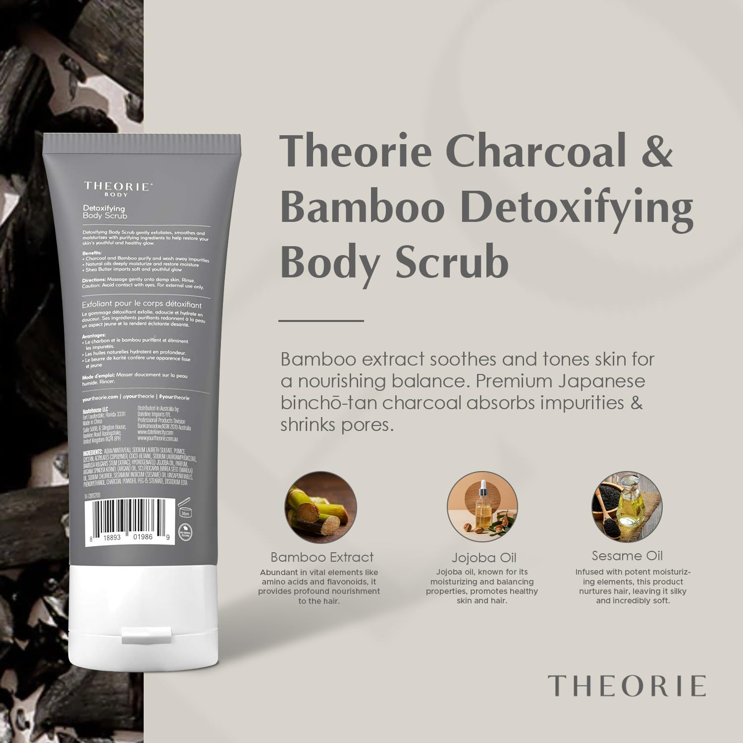 Theorie Charcoal Bamboo Body Scrub - Exfoliation with Micro Particles Gently Reveal Glowing Skin, Jojoba, Sweet Almond Oil, and Sesame Oil Restore Moisture, 200 mL