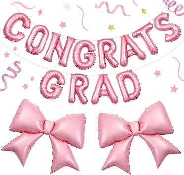 5 Pcs Pink Bow Graduation Decorations 2026 16 Inch Pink Congrats Grad Balloons 38 Inch Giant Bow Aluminum Foil Balloons with Ribbon Straw for Graduation 2026 Party Decorations