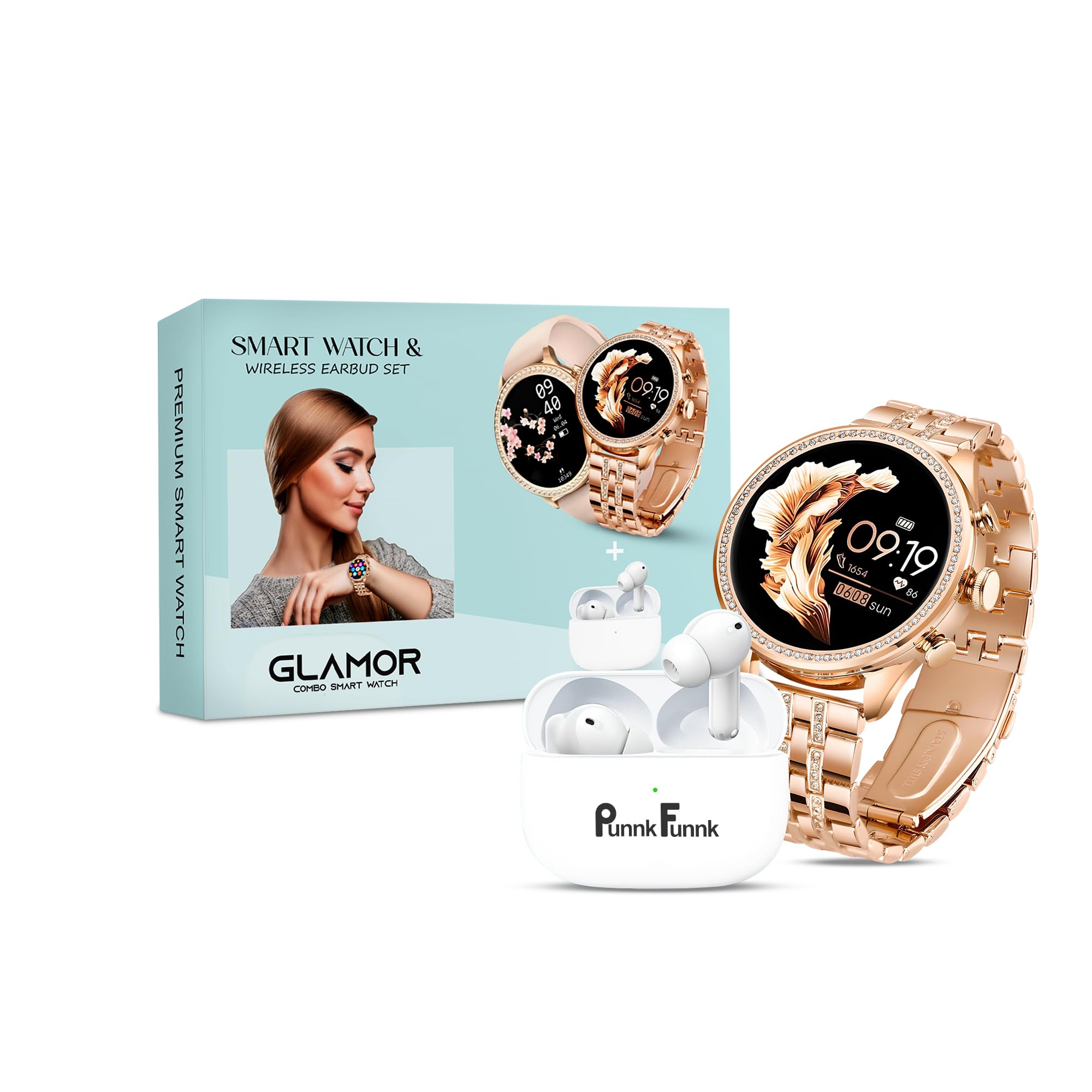 PunnkFunnk Newly Launched Luxury Glamor Smartwatch for Women with Earbud, Metal Strap & HD Display, BT Calling, Multiple Watch Faces, Health Tracker, Sports Modes & Free 4 Silicone Strap(Rose Gold) (B0DCVRCZKR) Amazon Price History, Amazon Price Tracker