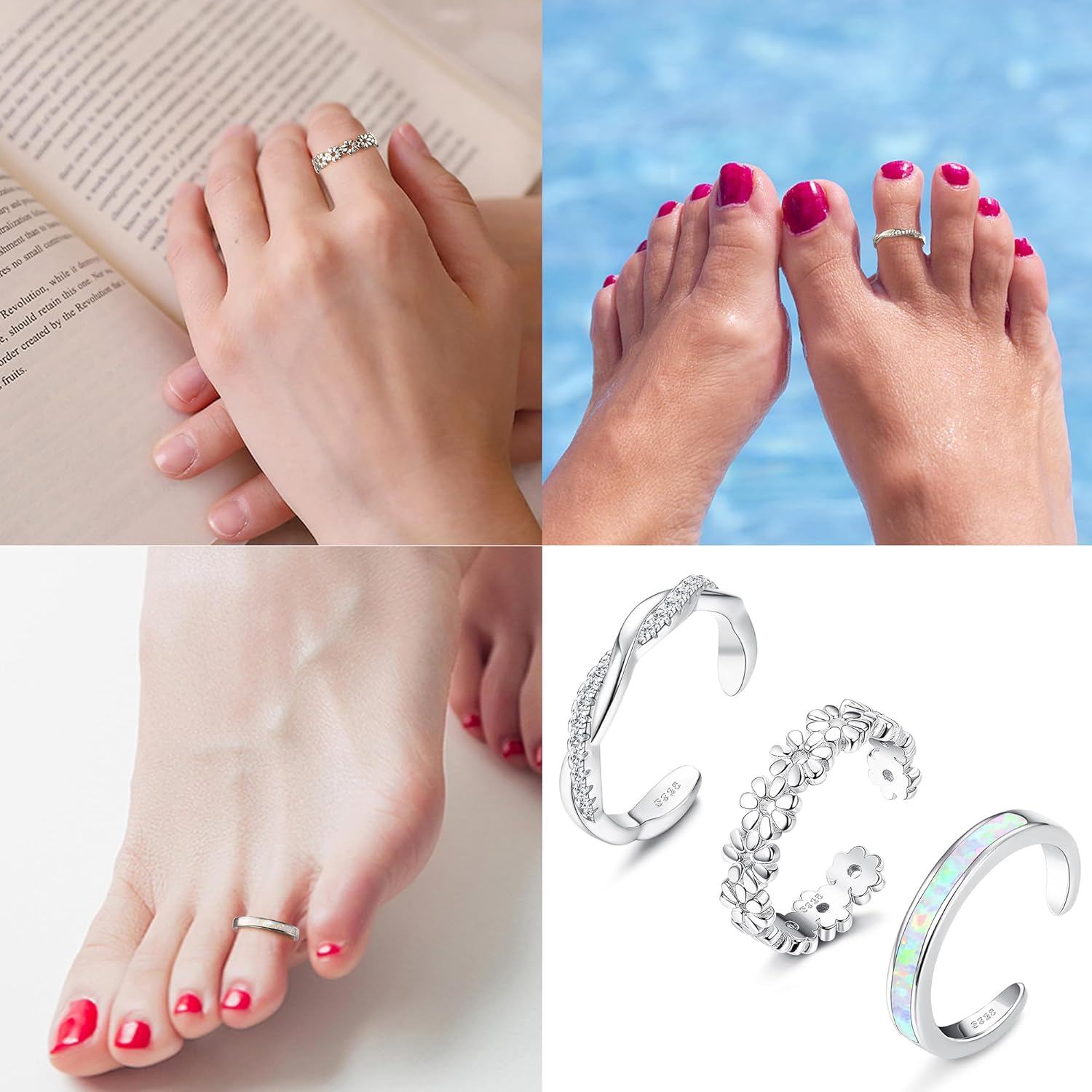 FIASASO 3Pcs 925 Sterling Silver Toe Rings for Women Adjustable 14K White Gold Plated Flower Twist Opal Band Rings Summer Beach Open Toe Rings Foot Jewelry Set