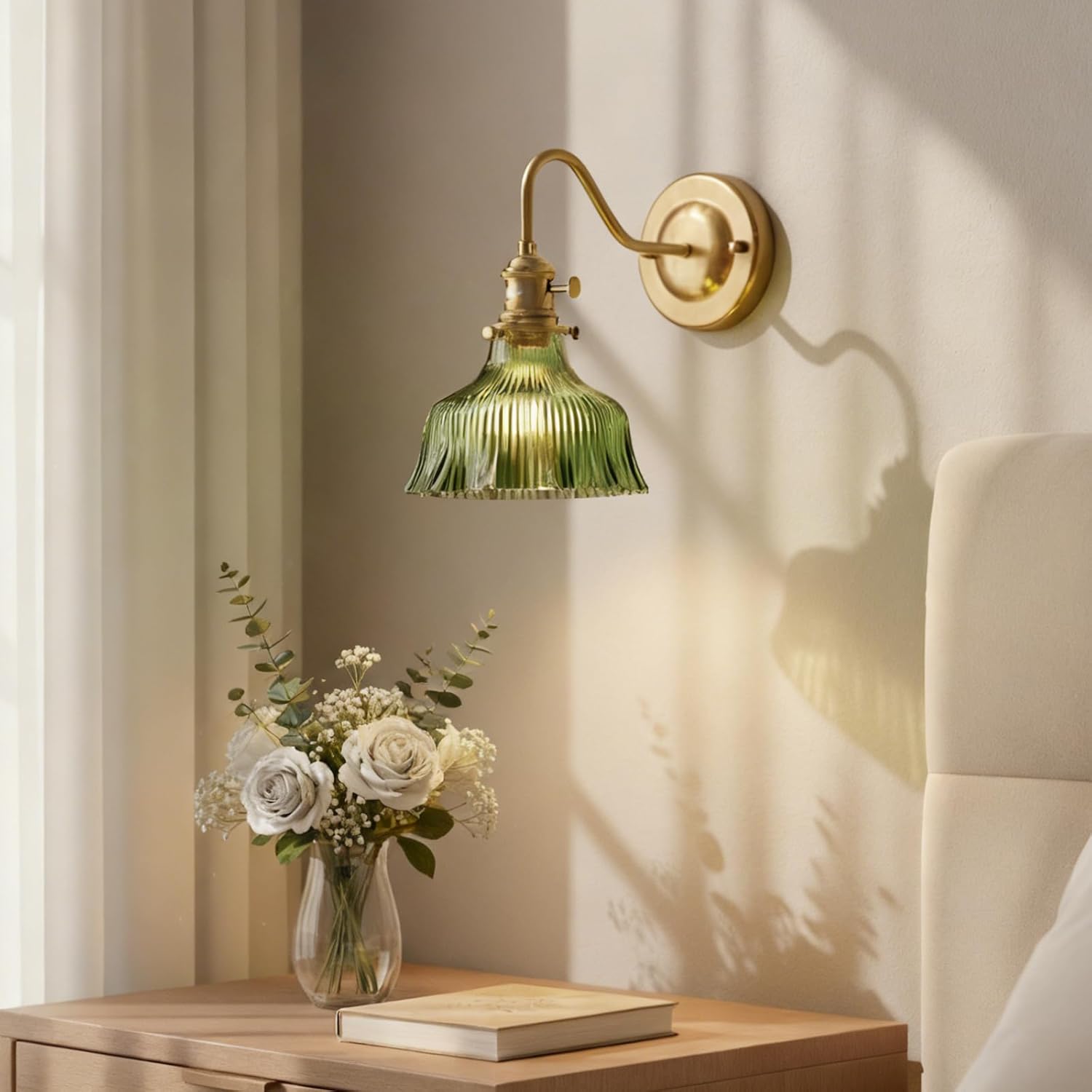 Retro Industrial Style Wall Sconce - Iron Base with Brass Socket, Wall Lights Fixtures with Green Glass Shade, Compatible with E26/E27 Bulbs, Hardwired Installation Reading Lamp