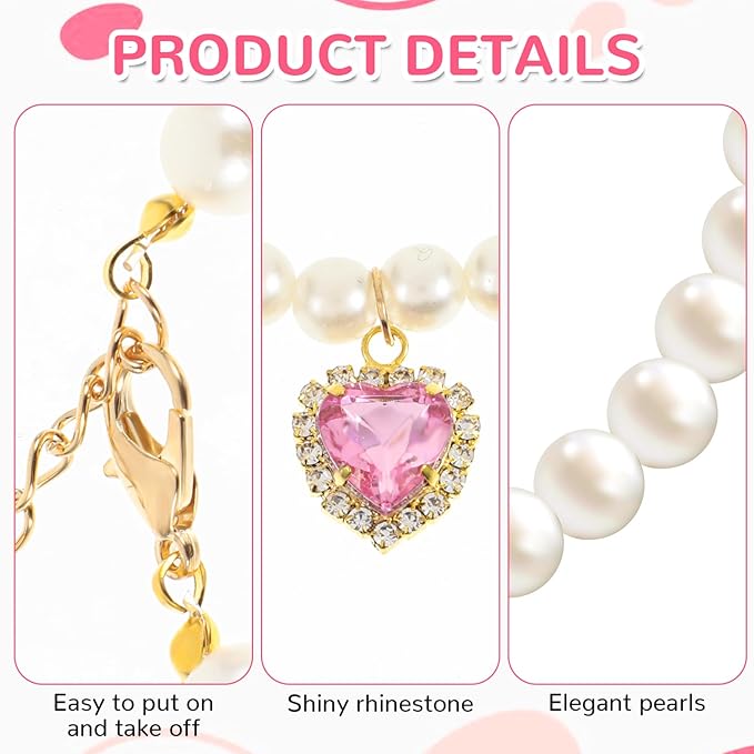 Collar de perlas para gato, ajustable, con corazón de strass, rosa y blanco miniatura 4