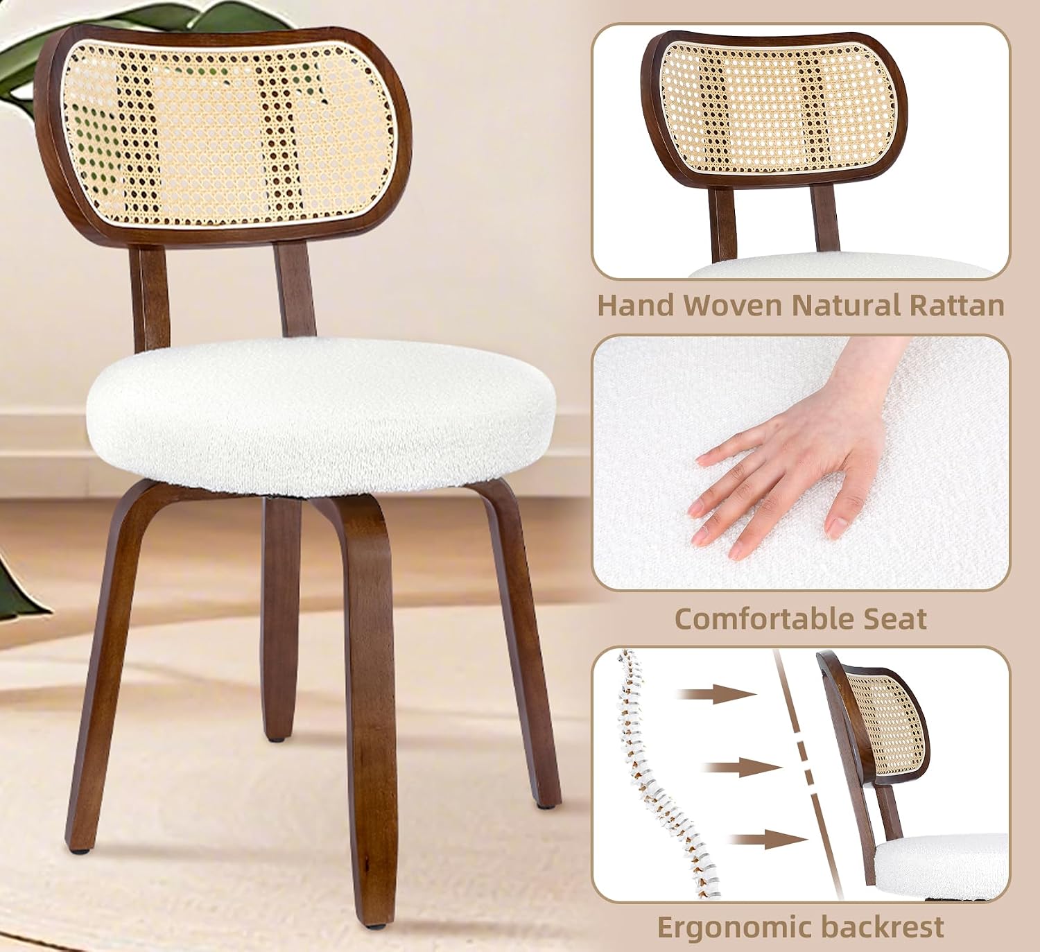 ZYBT Rattan Dining Chairs Set of 2, Swivel Mid Century Modern Wooden Chair, White Makeup Vanity Chair, Upholstered Chairs for Kitchen, Dining Room, Living Room, Bedroom