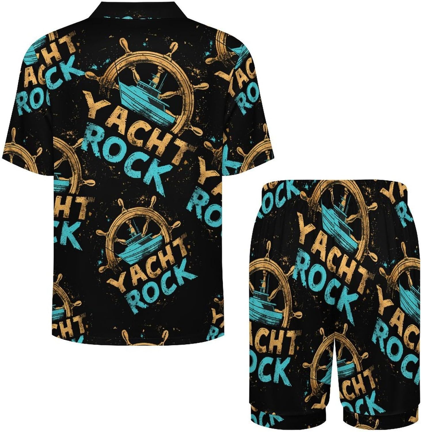 Yacht Rock Men's Short Sleeve Pajama Set Satin Silk Like Lounge Sleepwear