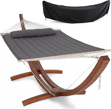Hammocks Double Hammock with Wooden Stand, Hammock Cover, Outdoor Hammocks for Outside, 475 lbs Capacity, Dark Gray