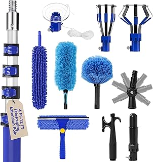 20FT Light Bulb Changer for High Ceilings with 5-12FT Heavy Duty Extension Pole,High Ceiling Fan Duster Extendable Reusable Cobweb,Feather,Window Cleaning Squeegee Kit for Home & House,Interior Roof