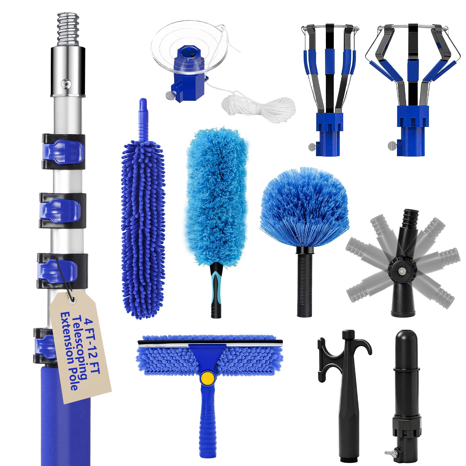 20ft light bulb changer for high ceilings with 5-12ft heavy duty extension pole,high ceiling fan duster extendable reusable cobweb,feather,window cleaning squeegee kit for home & house,interior roof