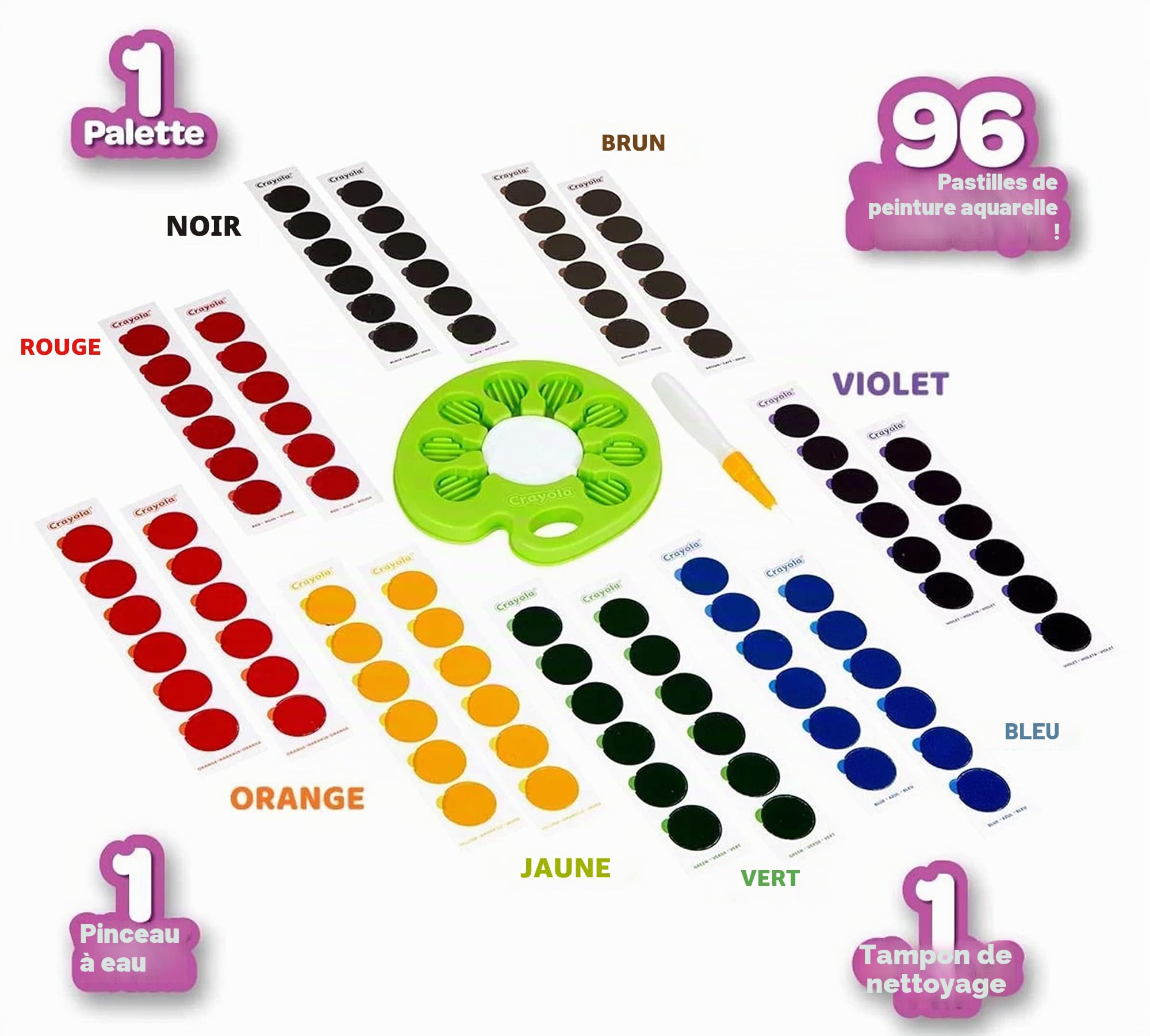CRAYOLA Palette de peinture lavable POP & Paint | Comprend 96 puces de couleur jetables et un pinceau à eau rechargeable pour moins de désordre | Ensemble de peinture aquarelle pour enfants à partir