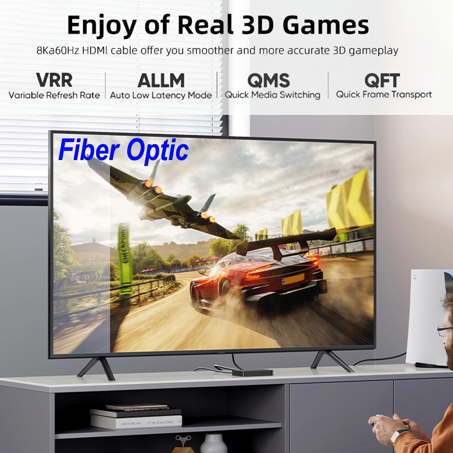 Long 8K 65FT Fiber Optic HDMI Cable, Unidirectional 48Gbps Ultra High-Speed Slim HDMI Braided Cord 8K60Hz 4K120Hz HDR/eARC HDCP 2.2/3D Compatible for PS5 and DVD Player