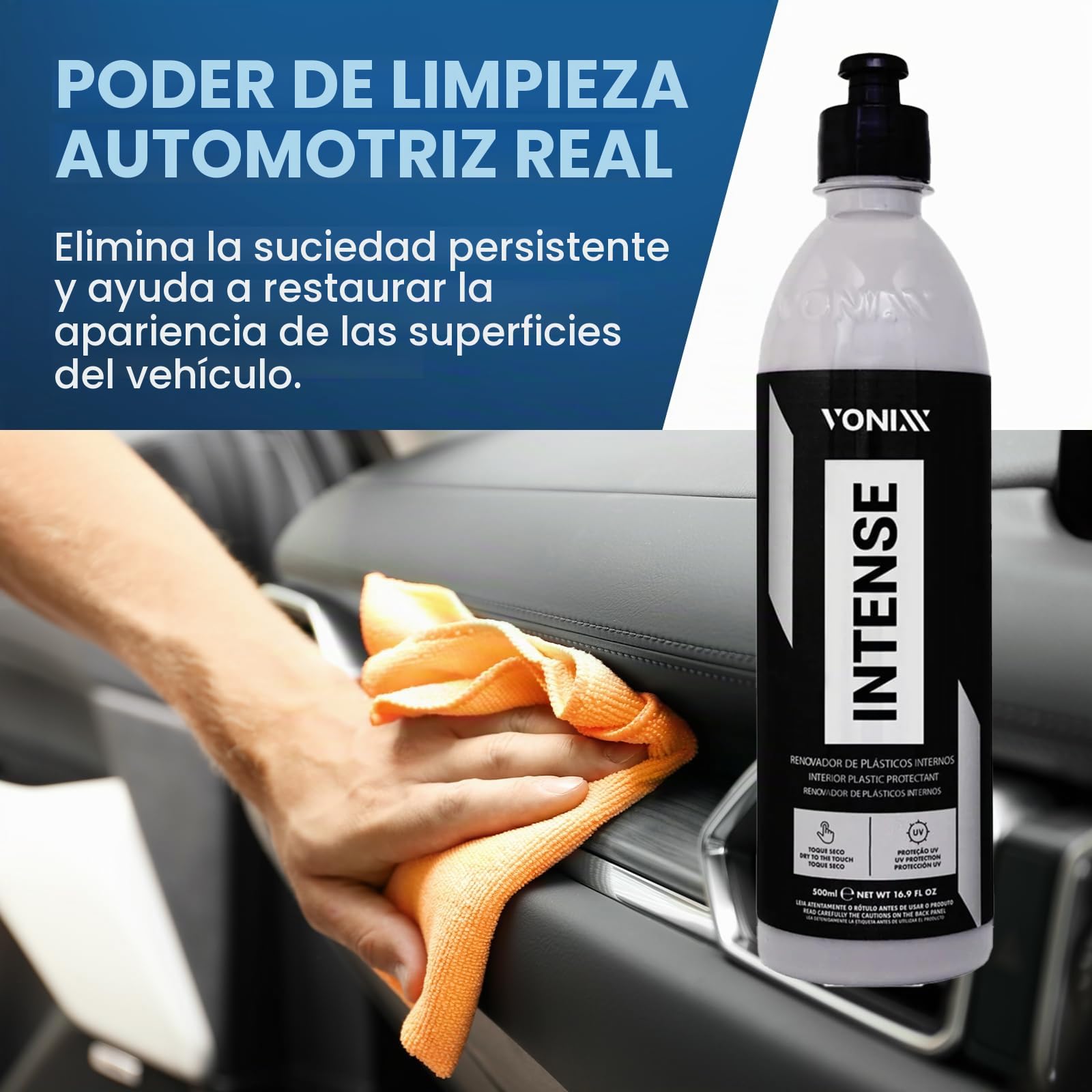 Vonixx Intense 500ml renovador de plásticos Renovador de Plásticos Interior Coche Intense – Brillo Natural sin Grasa, Protección UV y Efecto Duradero 6 Meses