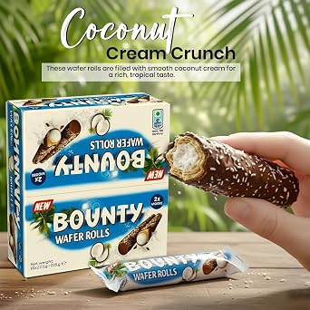BML Bounty Crispy Wafer Rolls Multipack 10 x 22.5g Chocolate Coated Coconut Filled Wafer Biscuits Individually Wrapped Sweet Snack Lunch Box Treat Sharing Pack Gift Tea Time & Everyday Snacking