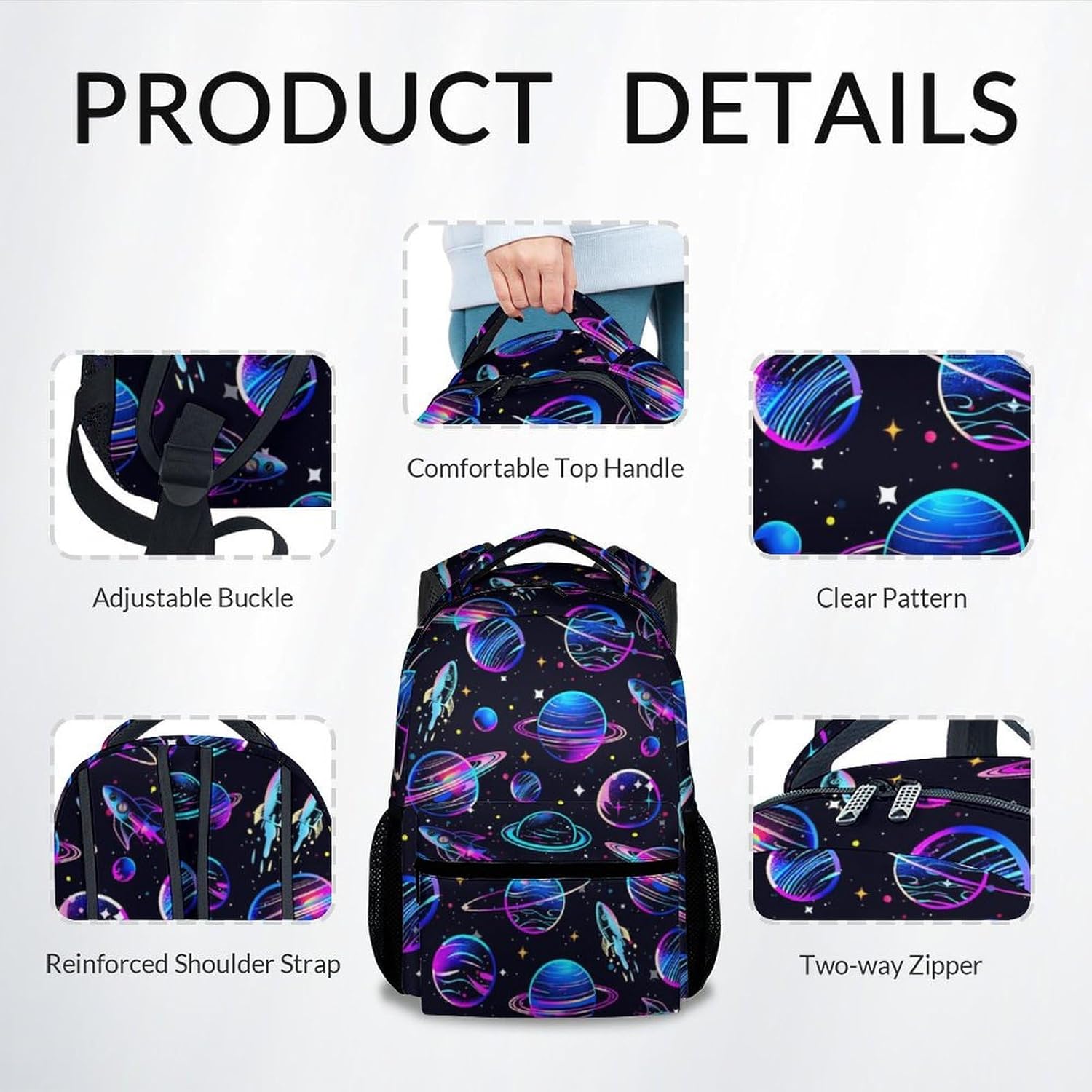 Boys Backpack for School, Planet Backpack for Kids Primary, 17 Inch Planet School Bookbag with Adjustable Straps, Durable, Lightweight Black Backpack