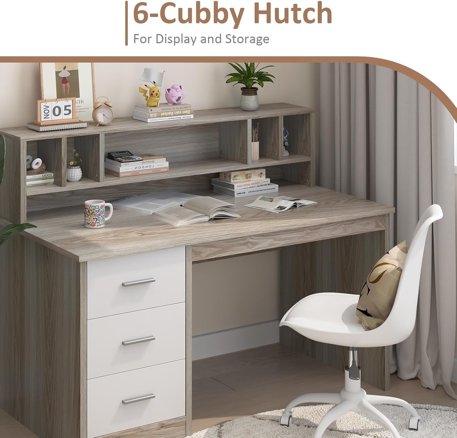Home Office Desk with Drawers, 46" Small Desk for Bedroom, Computer Desk with Hutch and Drawers, Study Desk with Storage, White and Walnut