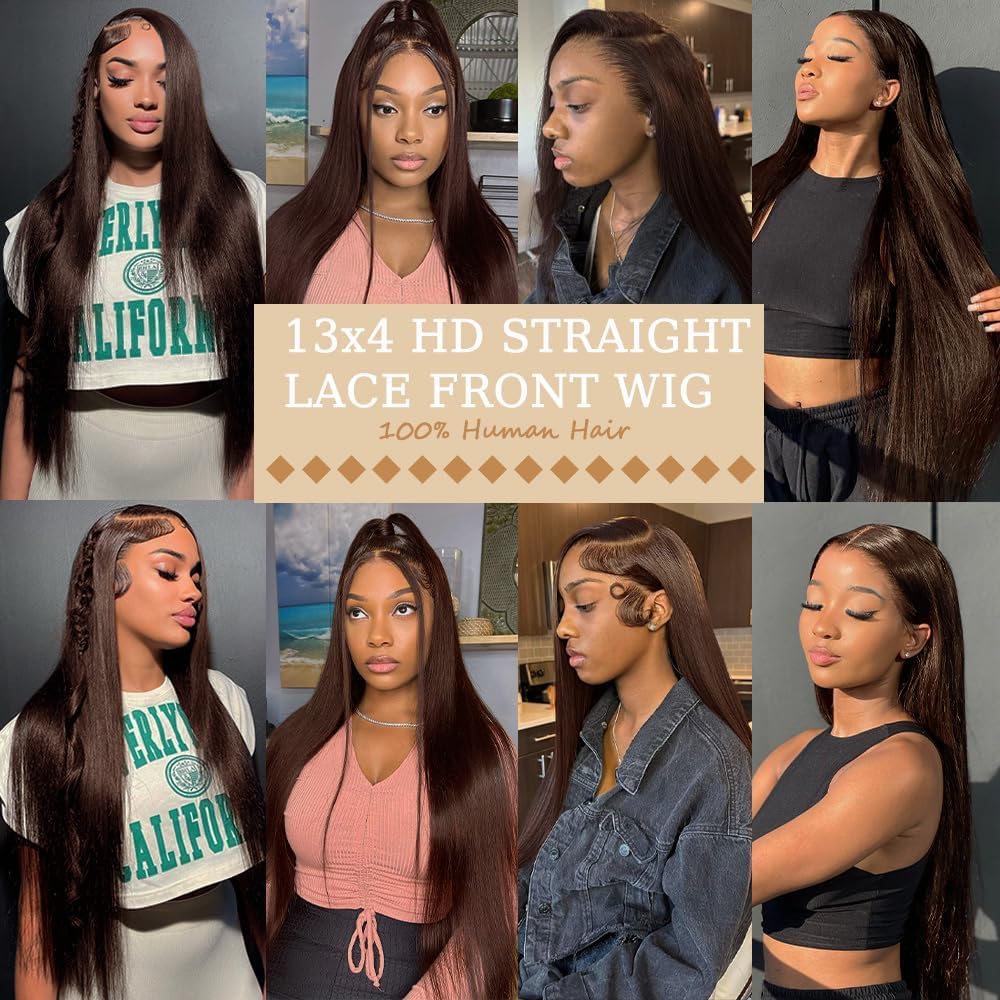 Azkiu 32 Inch Chocolate Brown Lace Front Wig Human Hair Straight 13x4 HD Lace Front Wigs Pre Plucked 220 Density Colored Brown Wig Human Hair Wigs For Women