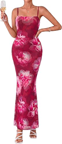 BTFBM Womens Summer Maxi Dress 2026 Floral Mesh Spaghetti Straps Sleeveless Sexy Bodycon Wedding Cocktail Party Dresses