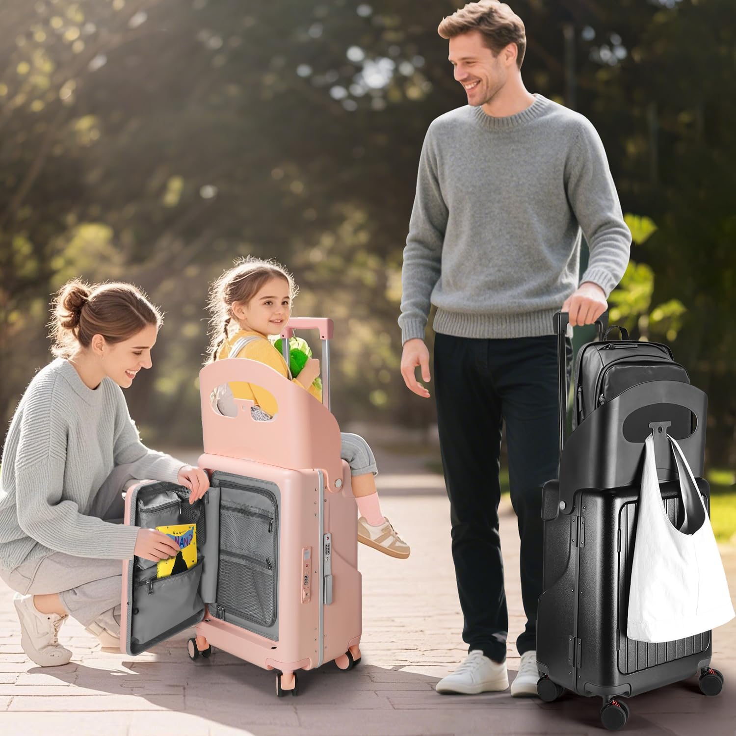 折りたたみ式シート付きライドオンラゲッジ、シートベルト付き、ハードシェルライドオンスーツケース、フロントポケット、ロック可能な4つの