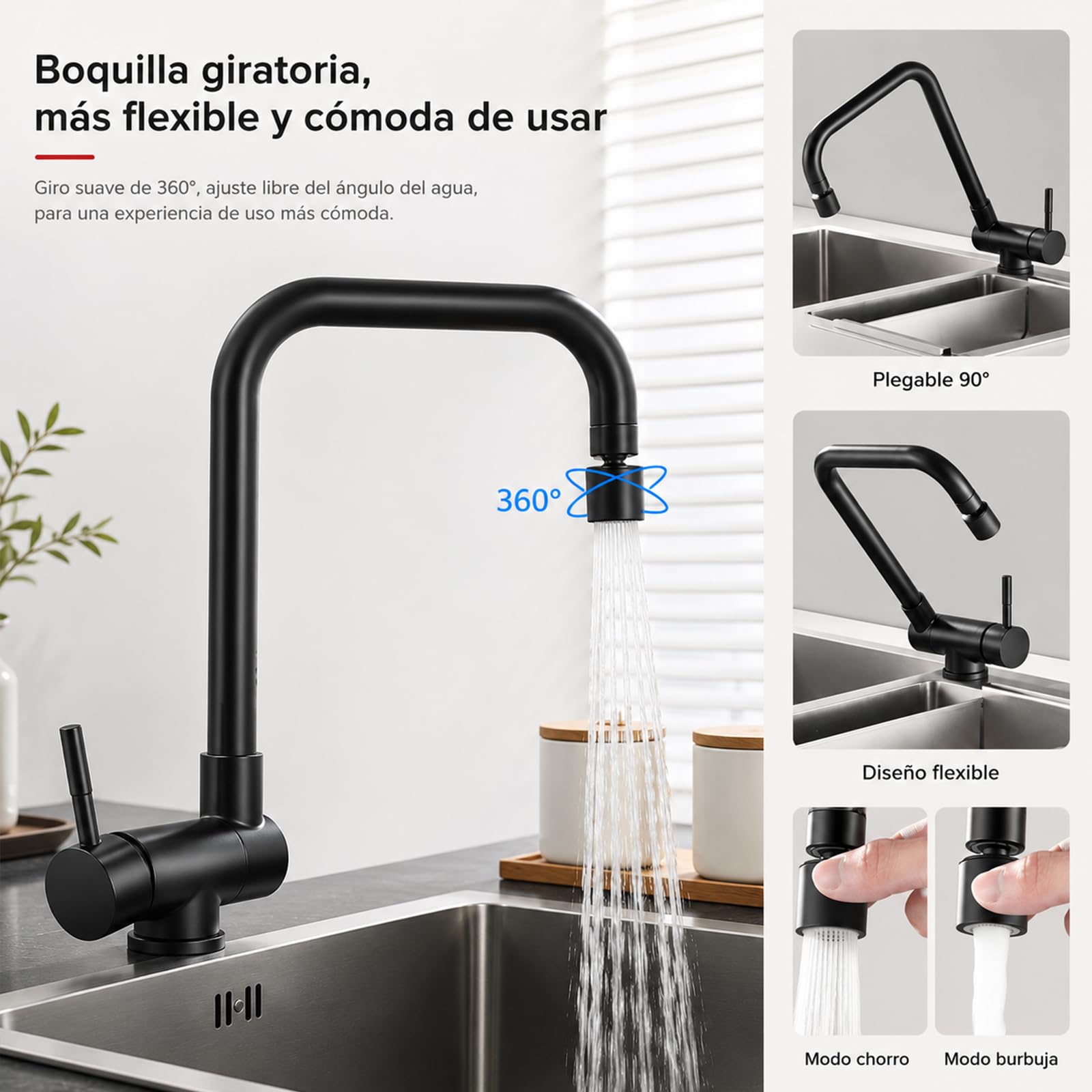 Grifo de Cocina Abatible Bajo Ventana, Negro Satinado