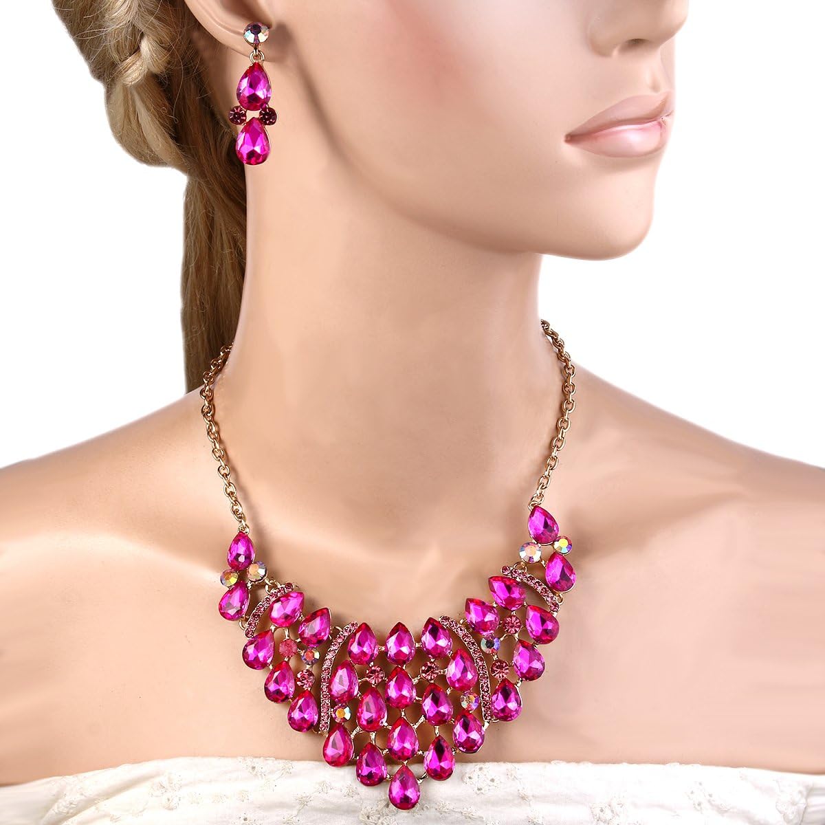 EVER FAITH Rhinestone Crystal Gorgeous Teardrop Statement Necklace Earrings Set - Image 3