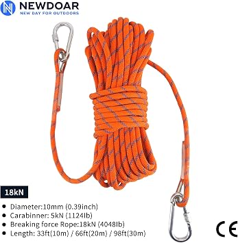 NewDoar 18KN Static Climbing Rope 10mm Accessory Cord Equipment 33FT(10M) 66FT(20M) 98FT(30M) 165FT(50M) Escape Rope with 2 Carabiners for Ice Climbing Fire Rescue Rope Safety Rope
