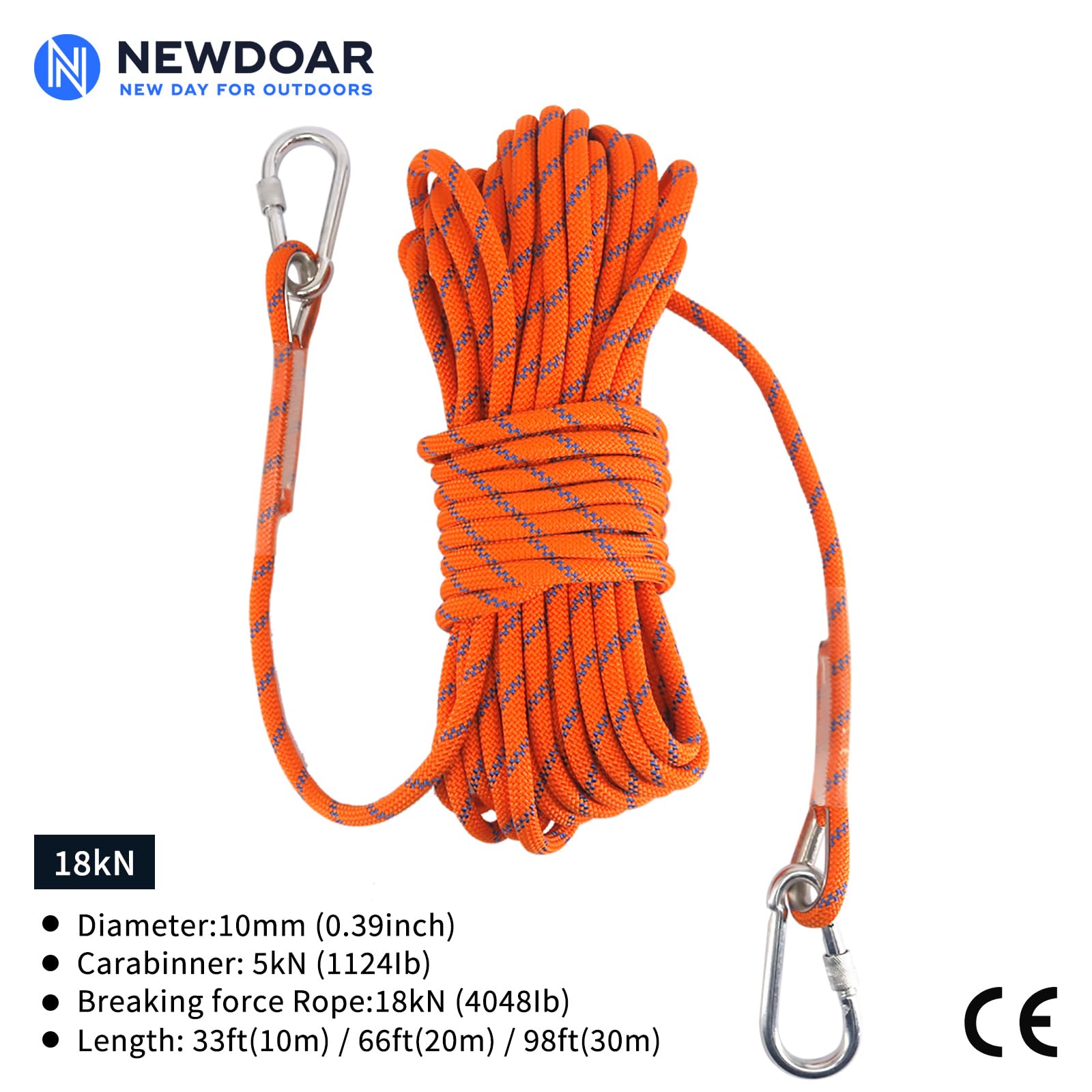 NewDoar 18KN Corde d'escalade Statique 10 mm (3/8 po) Cordon Accessoire Équipement 10m, 20m, 30m, 50m Corde d'évacuation Équipement d'escalade sur Glace Corde de Sauvetage Incendie-Orange/50 m - 3