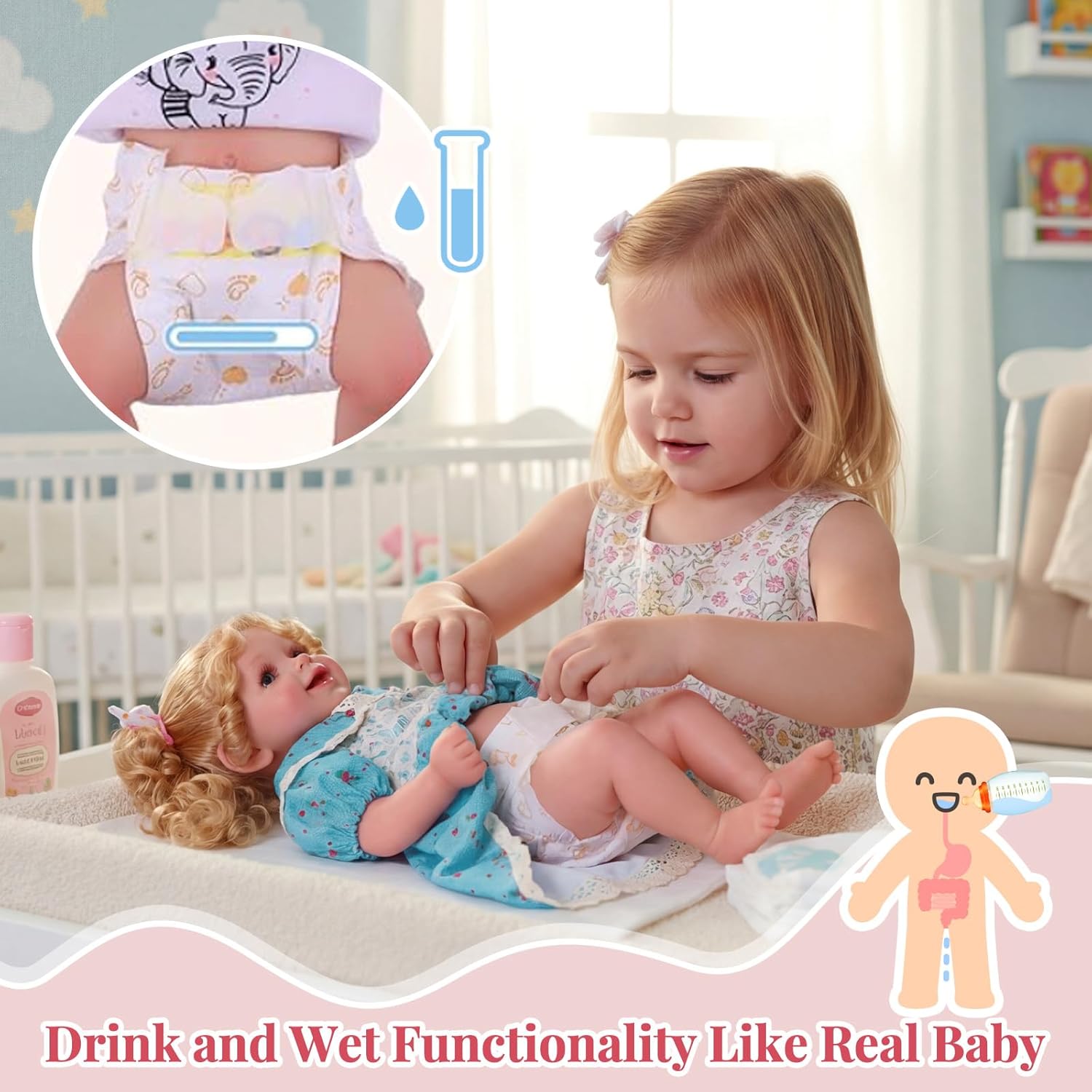 BABESIDE Drink and Wet Reborn Baby Dolls Girl – 18 Inch Lifelike Soft Vinyl, Can Drink & Pee, Anatomically Correct Real Life Baby Doll with Accessories, Gift for Kids Age 3+