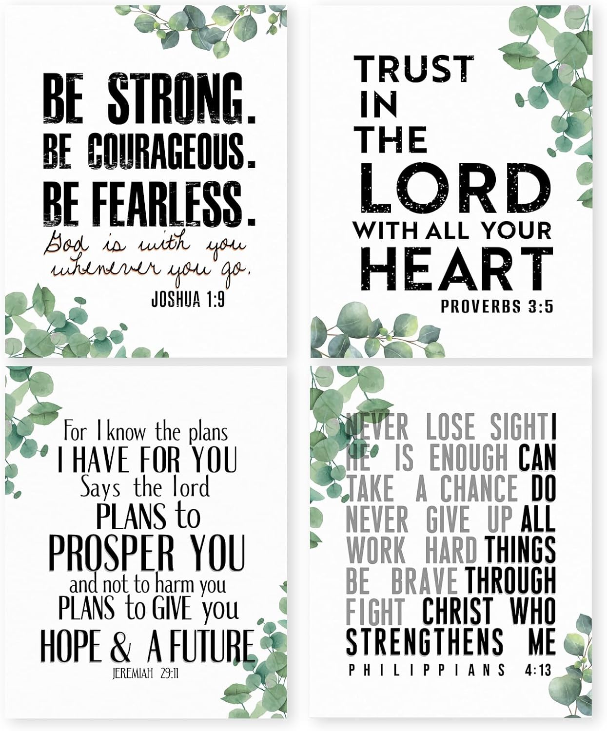 HRQKO Vintage Bible Verses Christian Office Wall Art Poster Set of 4, Scripture Joshua 1: 9 Printing Posters Wall Decor, Inspirational Be Strong Be Courageous Prints for Home Office 8”x10” Unframed