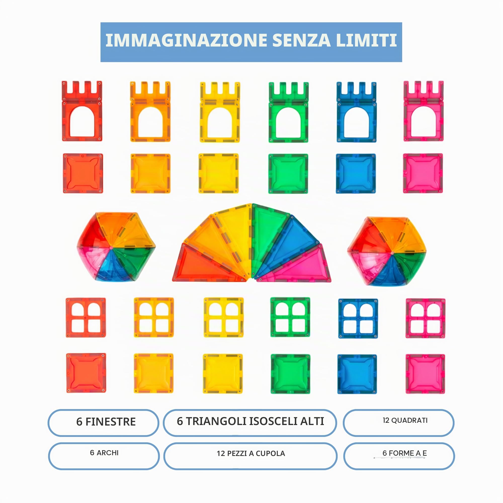 Magnetic Building Tiles, set di 48 pezzi architettonici educativi per ragazzi e bambini, attività creative e imparative, giochi per i più piccoli da 3 anni