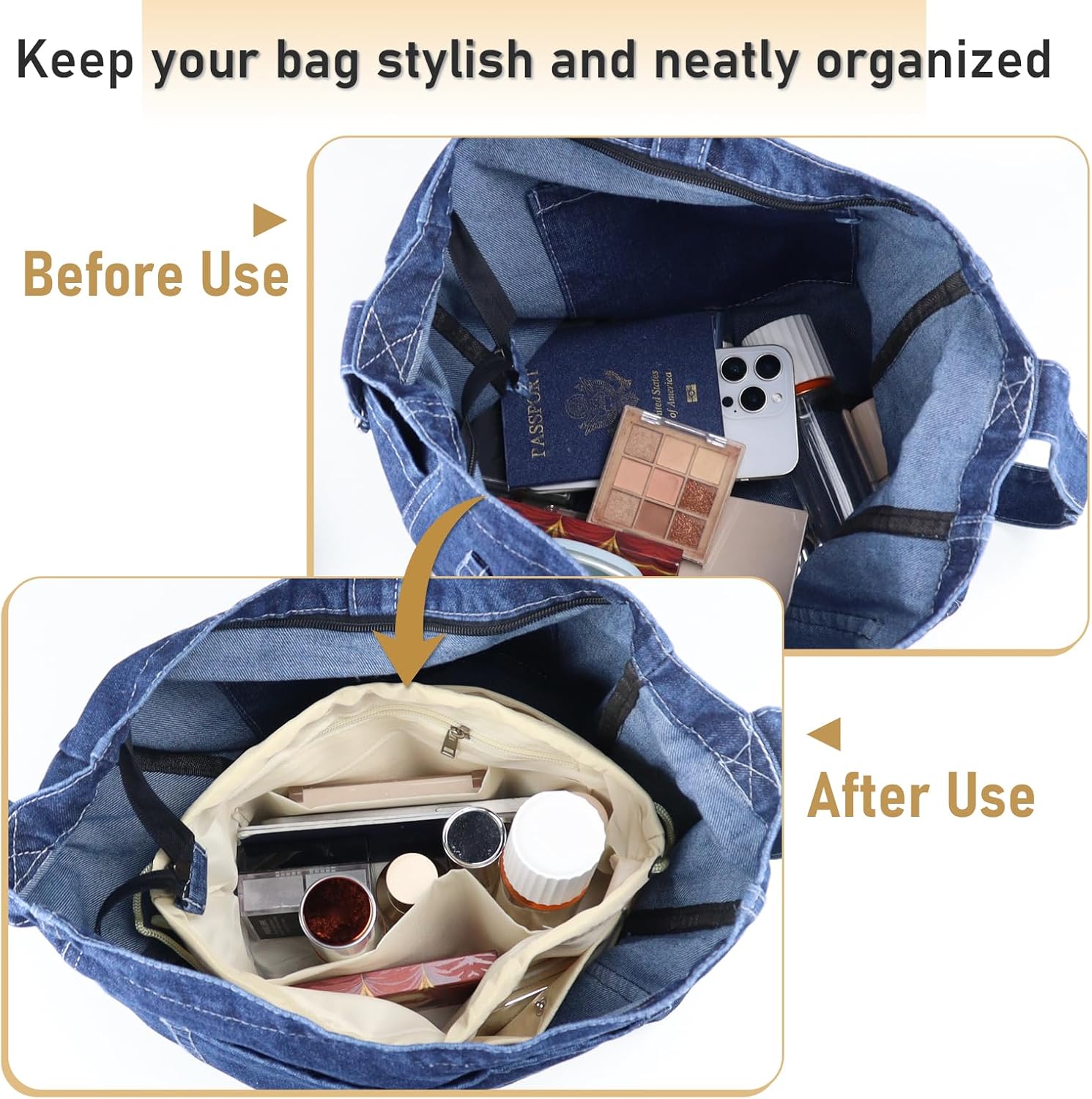Andiker Purse Organizer Insert for Women, Portable Tote Bag Organizer with Adjustable Drawstring and Zipper Pocket, Multi-Pocket Purse Liner for Handbags Daily Use (Beige, M)