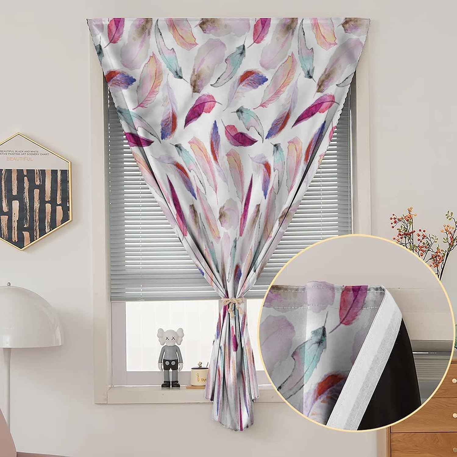 Self Adhesive Portable Blackout Curtains, Feathers Room Darkening Curtains, Wing Feathers Wing Art Print Temporary Blackout Blinds,47W x63L Inch, for Nursery,Children Kids Bedroom or Travel Use