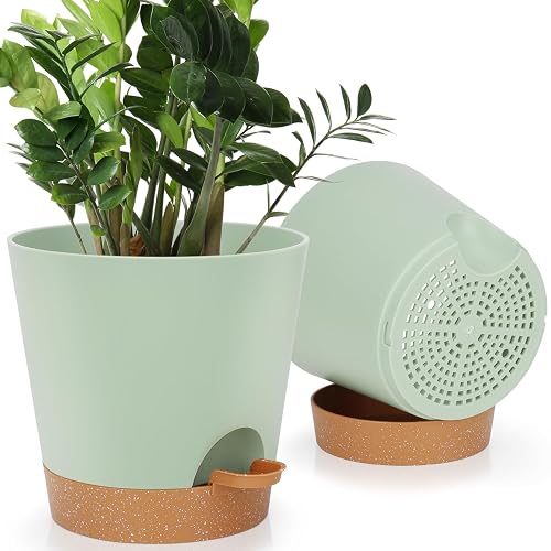 YNNICO 8-Inch Plant Pots, Self-Watering Planters with Drainage Holes & Saucers for Indoor and Outdoor Plants (2-Pack, Green) - 8 inch - Green