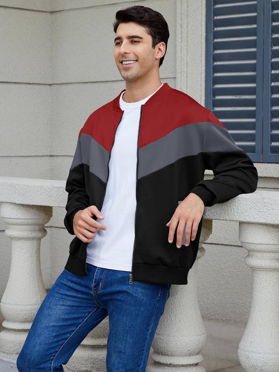 Arssm Mens Lightweight Jacket Color Block Bomber Jacket Patchwork Fall Zip Up Varsity Coat - Image 2