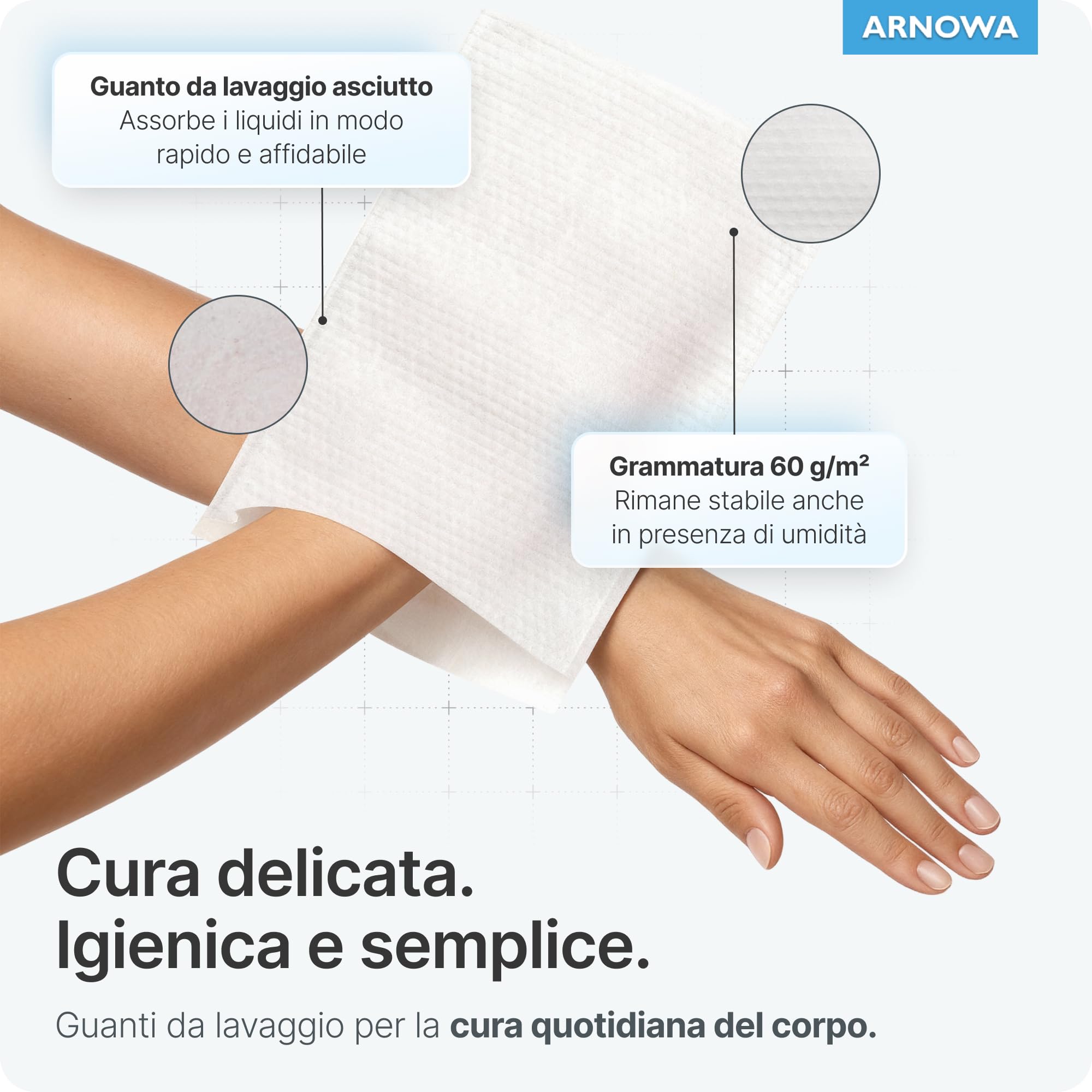 50x ARNOMED® Manopole Monouso non Saponate [IDEALE PER LA PELLE SENSIBILE] Manopole Monouso per lavare anziani, neonati e bambini 60g/m², Manopole per Lavare Anziani Certificazione Dermatest