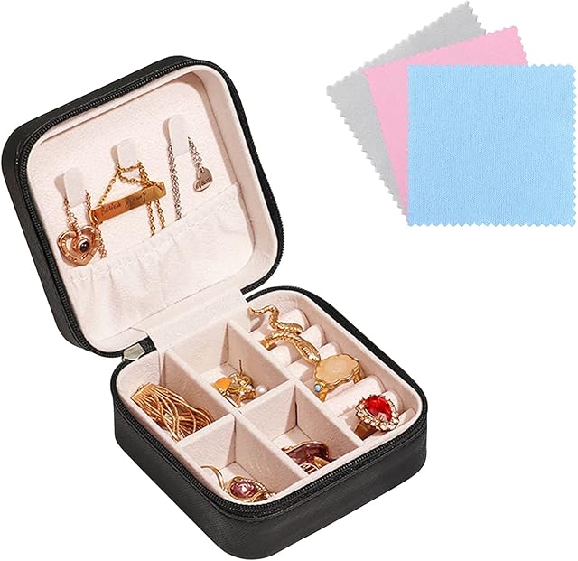 FuninCrea Jewellery Box Organiser for Women, Mini PU Leather Travel Jewelry Storage Case with 3pcs Silver Cloth for Rings Earrings Necklace, Portable Jewelry Case for Girl, Wife, Mother (black)