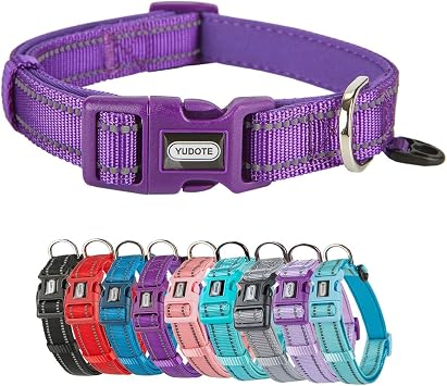 Reflective Nylon Padded Dog Collar Adjustable Soft Pet Collars with Quick Release Buckle for Small Medium Large Dogs Purple, 10-15 inch