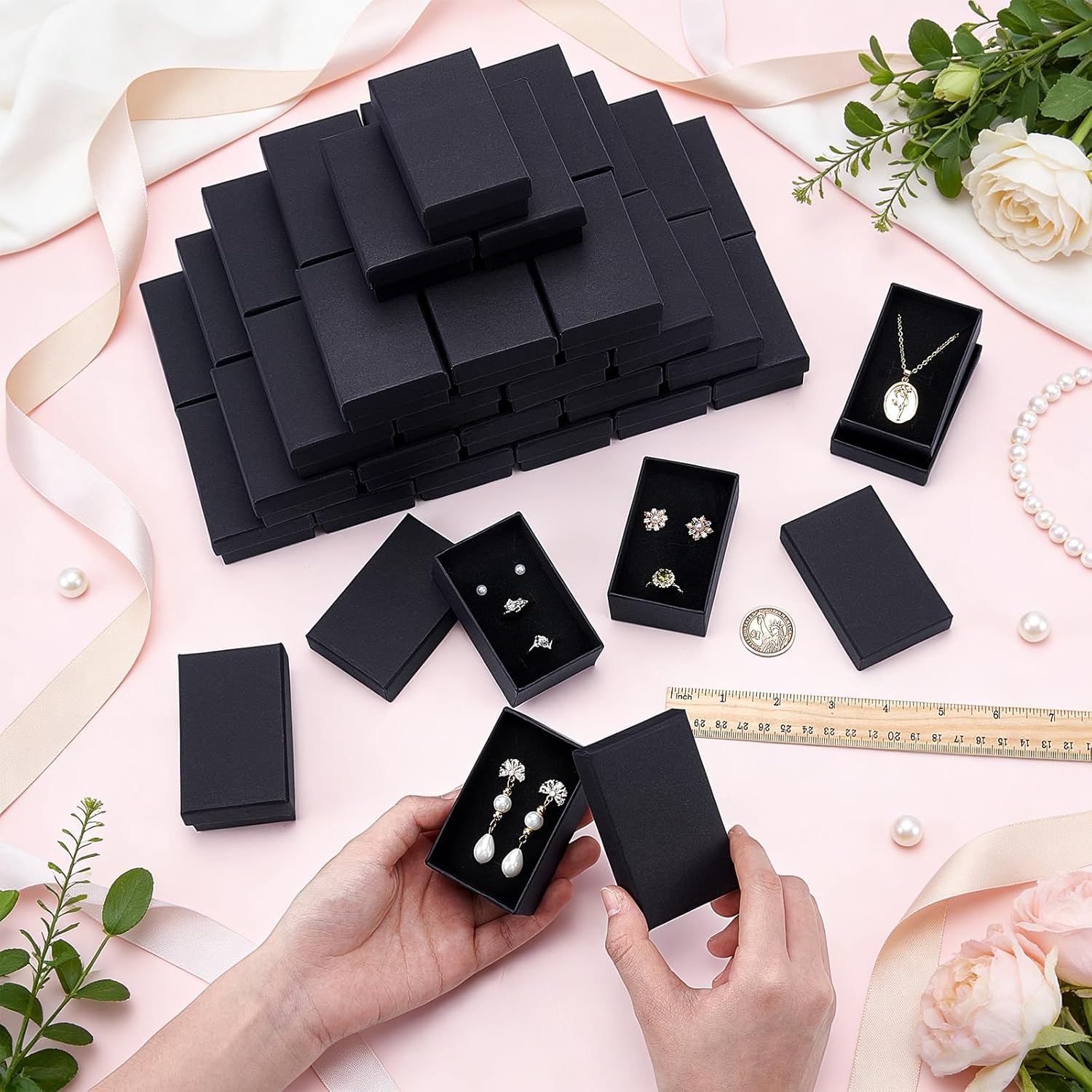 48Pcs Black Jewelry Gift Boxes, 3.1x2x1.2 Inch Rectangle Cardboard Jewelry Boxes Bulk with Lid and Sponge Lining, Small Necklace Packaging Box for Ring Earring Bracelet Display Box