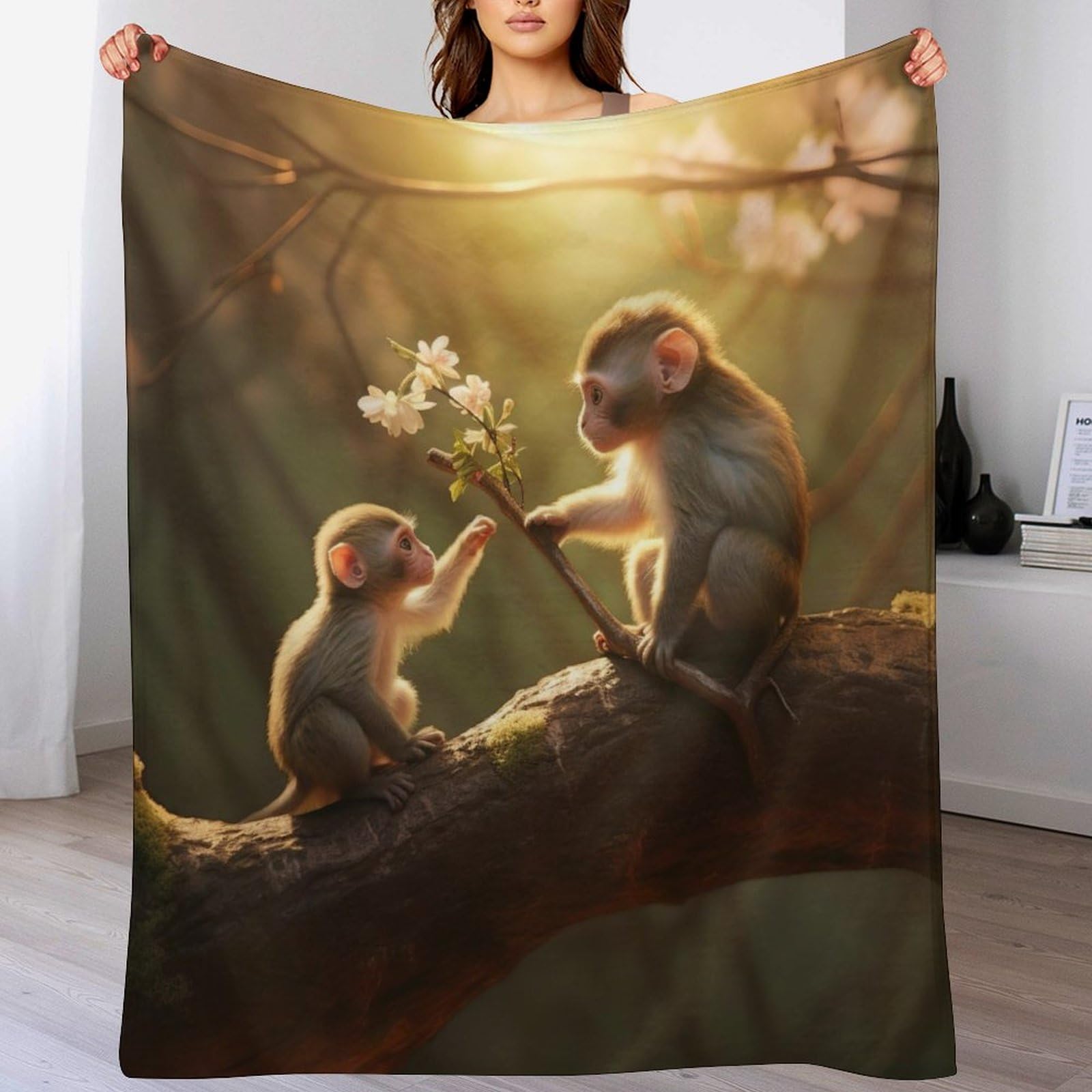 Couverture singe en flannel 130x180 cm pour canapé et lit enfant