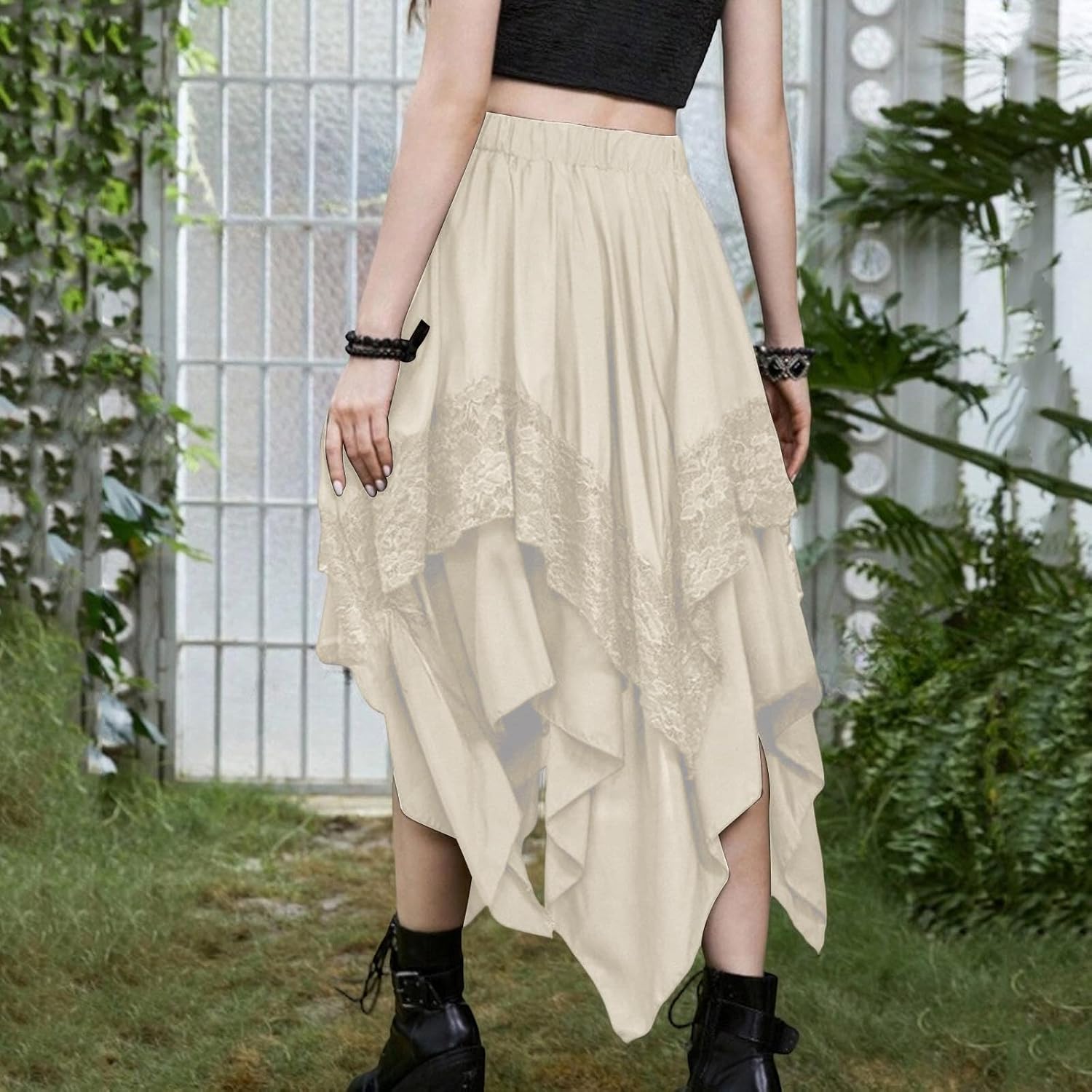 Women's Plus Size Skirt Ruched Elastic Waist Asymmetrical Hem Long Skirts Plus Size Lace Splicing Summer Skirts