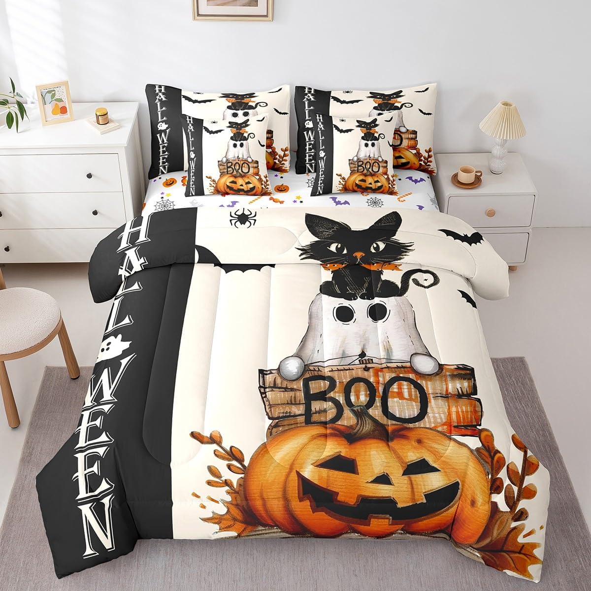 Erosebridal King Comforter Set, Halloween Reversible Bed in a Bag, Pumpkin King Bedding Set with Black Cat Comforter, Flat Sheet, Fitted Sheet, Pillowcases, Pillowcases