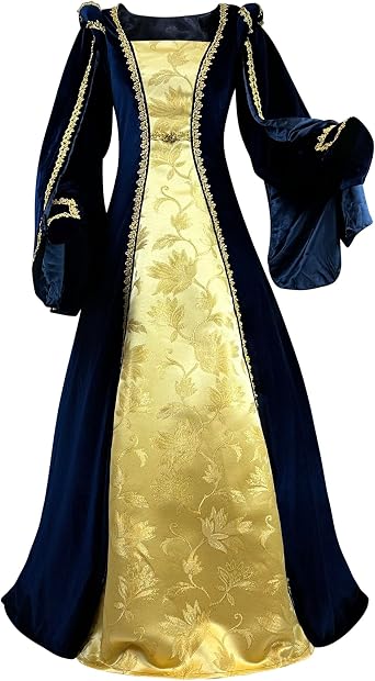 Womens Velvet Ren Tudor Gown Gold Trim Baroque Damask Layered Floor Length Renaissance Luxury Costume