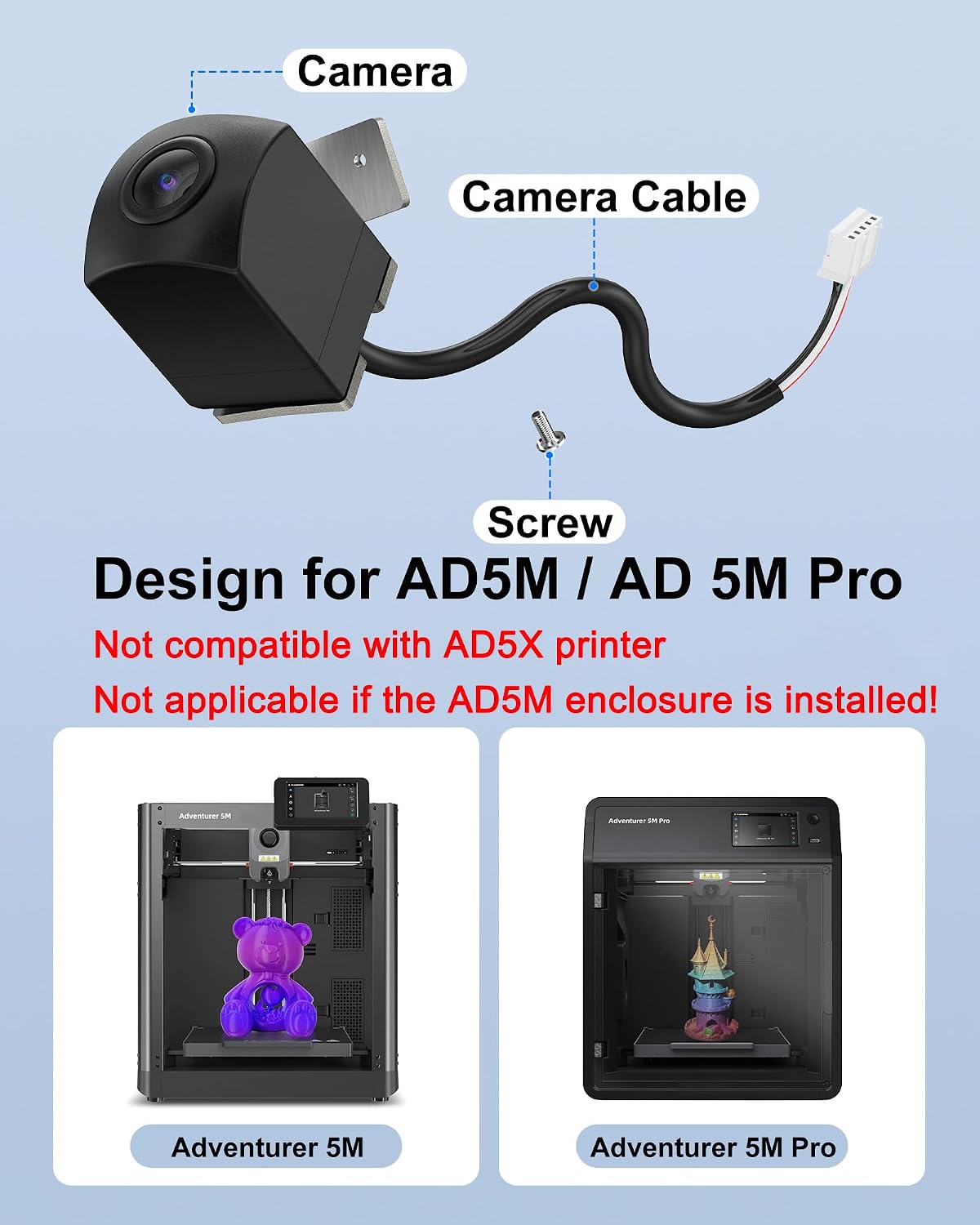 WUKUR 3D Printer Camera Kit for FLASHFORGE Adventurer 5M/Pro, Real-Time Monitoring & Remote Surveillance for Flash Maker App, 3D Printer Retrofittable Accessory for AD5M/AD5M PRO Printers