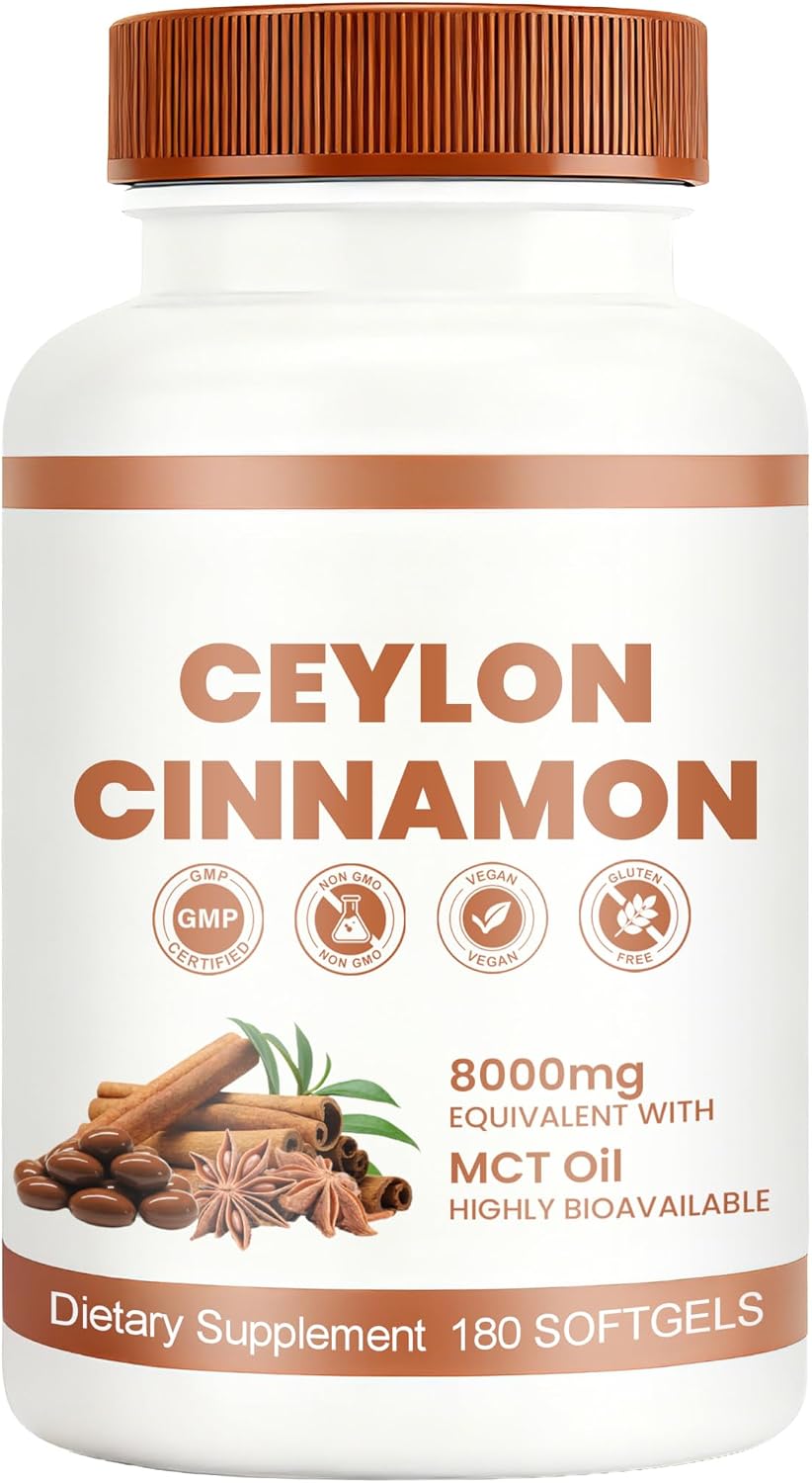 Ceylon Cinnamon Softgels 8000mg Equivalent – with MCT Oil for Enhanced Absorption | Non-GMO, Gluten-Free Herbal Supplement, 180 Count