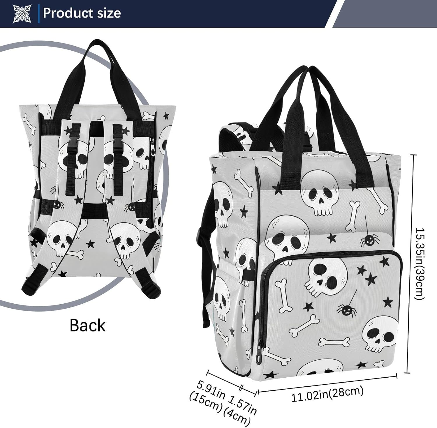 SPRIPORT Spooky Skulls Gray Print Diaper Bag Backpack for Baby Boys Girls Multifunction Baby Essentials Travel Tote with Stroller Straps & Bottle Storage Maternity Travel Bag for Baby Gifts Moms Dads