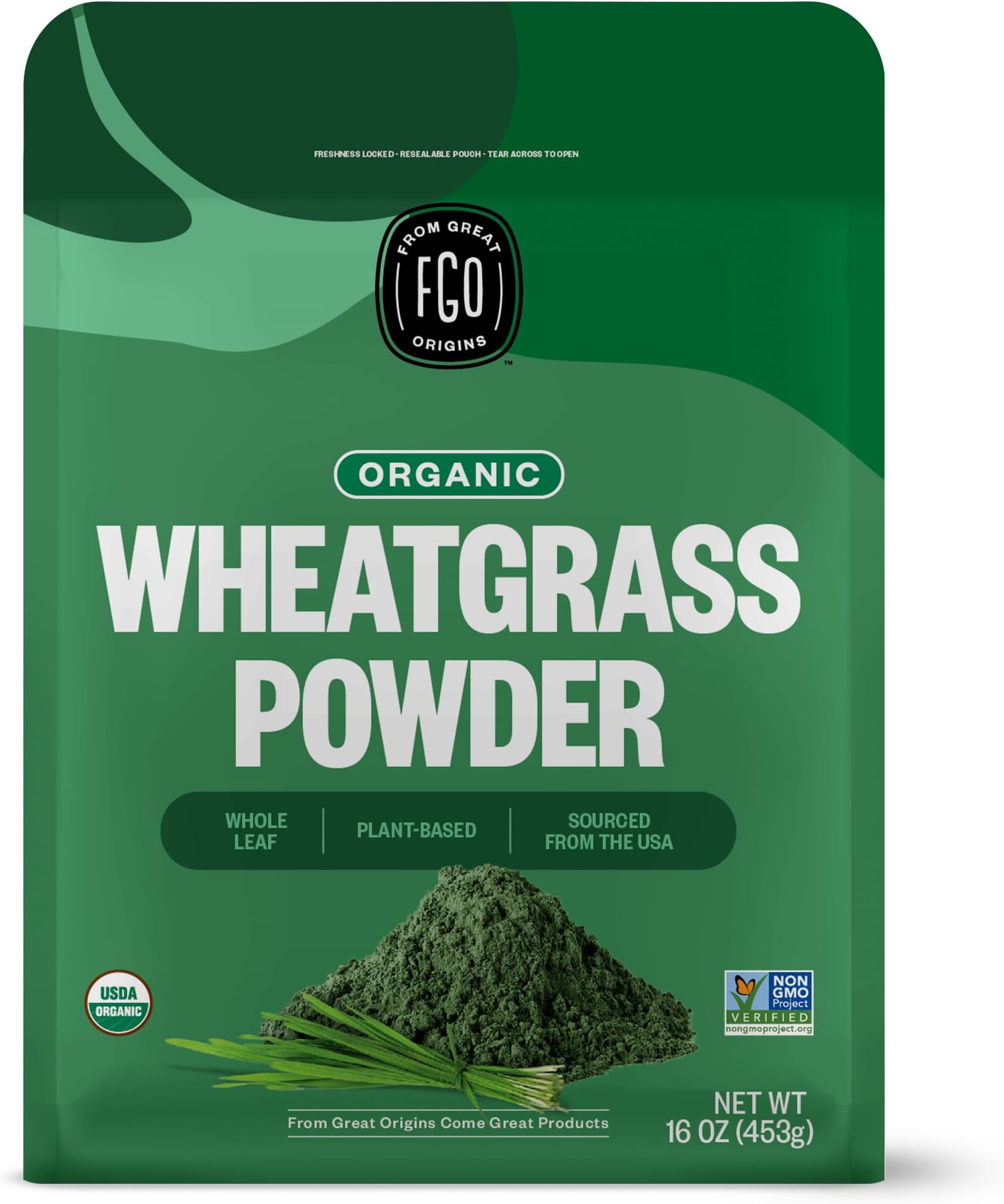 FGO Organic Whole Leaf Wheat Grass Powder, Grown in USA, 16oz, Packaging May Vary (Pack of 1)