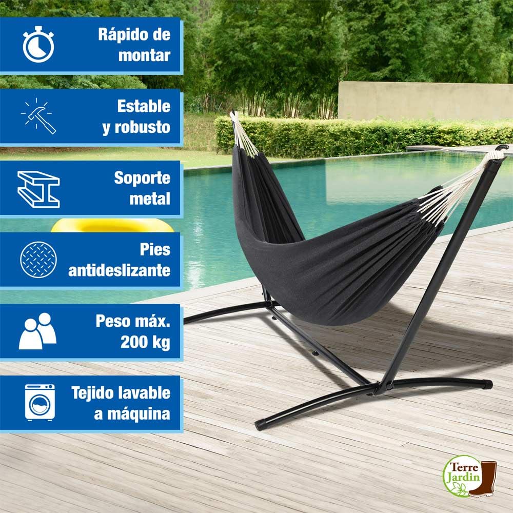 TERRE JARDIN - Hamaca con Soporte, de Metal, Carga Máx 130 kg - Hamaca con Soporte, Lona de Tela de Poliéster, Negra - Hamaca Colgante Jardín Balcón Exterior y Terraza - Resistente al Agua