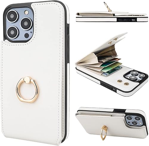 Vista 35 de Folosu Funda Cartera compatible con iPhone 14 Pro Max con soporte para tarjetas, rotación de 360°, soporte de anillo de dedo con función atril